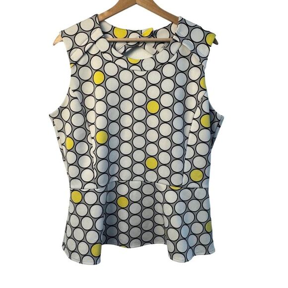 Worthington XL Sleeveless Peplum Top Gray White Yellow Polka Dot Cut Out Back - Picture 1 of 6